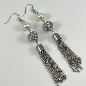 Silver Tone Faux Pearl Chain Tassel Dangle Earrings Fashion Boho Statement